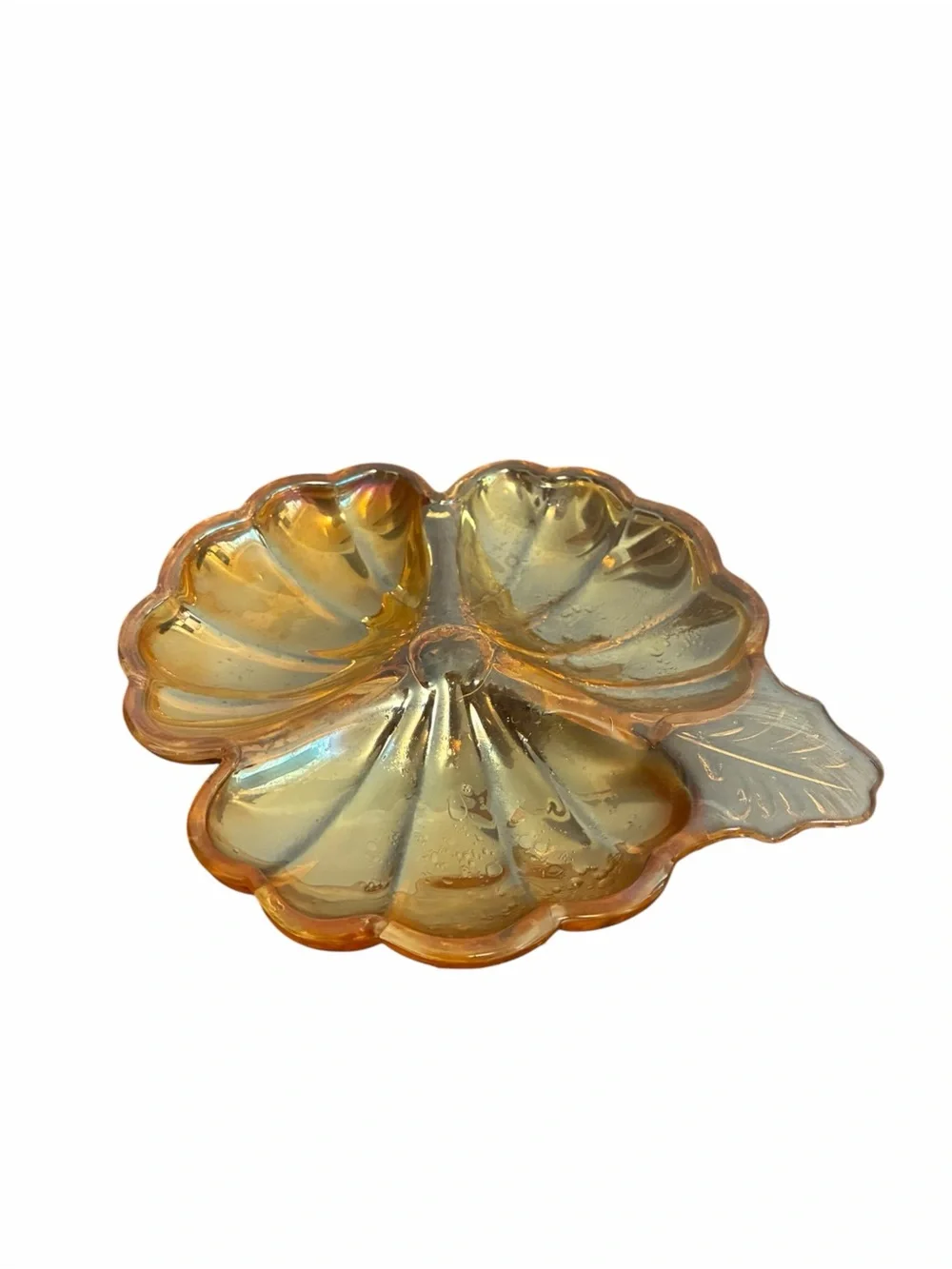 Vintage Marigold Carnival Glass 3 Section Clover Candy Dish Leaf Handle Amber